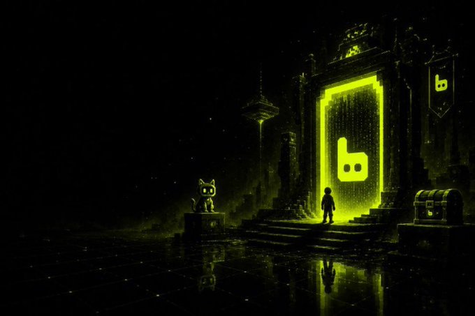 A digital illustration depicts a silhouette of a figure standing before a glowing yellow portal displaying the "b" logo, flanked by a robotic cat and a treasure chest in a dark, mystical environment. The image ties to the post's promotion of the @Bappfun project, symbolizing a gateway to potential rewards ("Picking Winners Soon") for participants who follow the entry instructions.