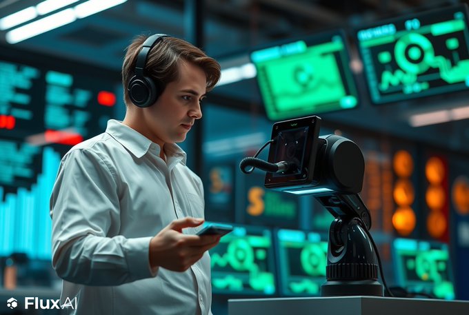 A focused engineer wearing headphones monitors a robotic camera system and smartphone amid a wall of glowing data displays in a high-tech control room, visually reinforcing the post's message about deploying flexible, on-demand game server infrastructure across a vast, decentralized network. The image conveys real-time oversight and global scalability, aligning with the ad's pitch for thousands of independent nodes across 50+ countries without reserved capacity commitments.
