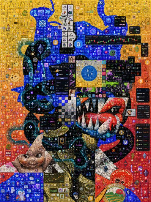 A vibrant mosaic-style NFT collage featuring a red-lipped, fanged skull-like figure constructed from thousands of tiny crypto and internet meme tiles, including visible logos for Bitcoin (₿), Ethereum (Ξ), GM, Pudgy Penguins, and CHARMING KEE MON, alongside ticker data for GALA, BNB, and the BAYC/SZUK market—visually embodying the post's "push through the noise" message of bullish crypto energy and PFP reordering.