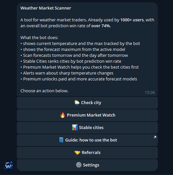 A "Weather Market Scanner" bot menu showing options like "Check city," "Premium Market Watch," "Stable cities," and "Referrals," advertising a 74% win rate and 1000+ users—promoting its accessibility for new weather prediction market traders.