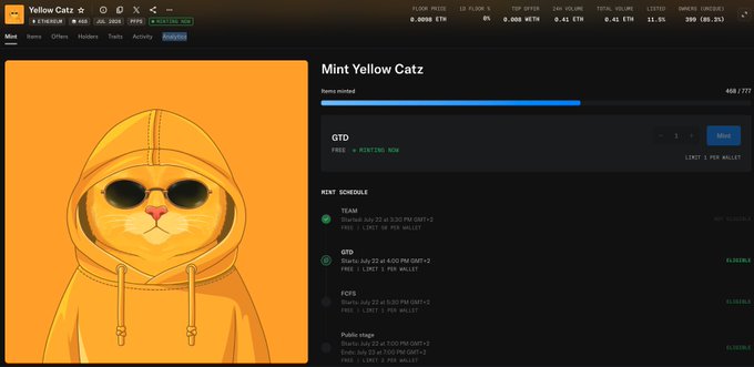 A cryptocurrency website titled 'Yellow Catz' displaying a 'Mint Yellow Catz' NFT on the Ethereum blockchain with source minted at 468/777.