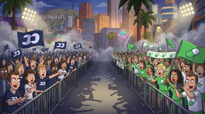 An illustration depicting two opposing crowds of fans in Los Angeles, one side wearing dark blue and waving 'D' flags while the other wears green and waves pill-themed flags, separated by barricades in a street setting.