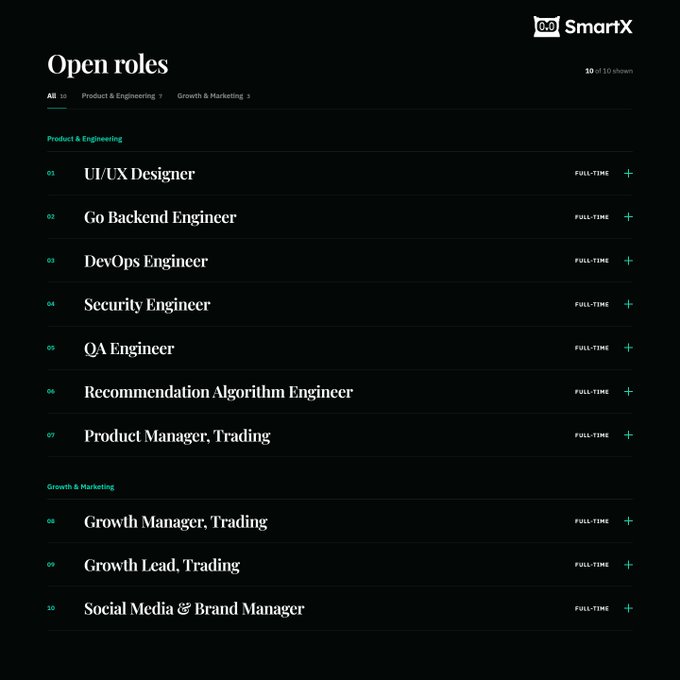 A dark-themed careers webpage for SmartX titled 'Open roles,' listing 10 full-time positions across Product & Engineering and Growth & Marketing, including UI/UX Designer, Go Backend Engineer, DevOps Engineer, and Growth Manager.