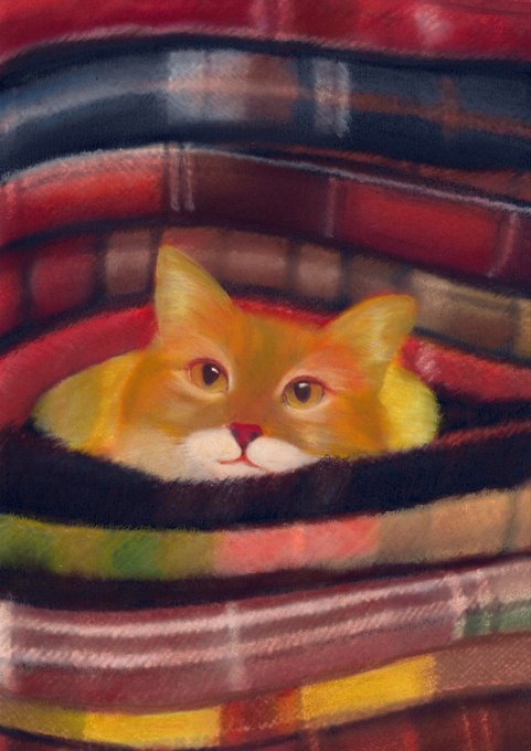 A painting depicts an orange and white cat peeking out from inside a stack of colorful plaid blankets.