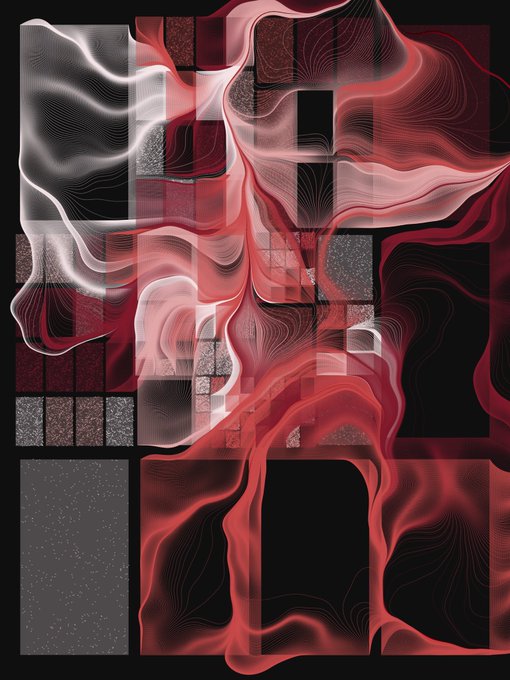 An abstract digital artwork features swirling red and white smoke-like wisps layered over a textured grid of black, gray, and crimson squares against a dark background, with no text or numbers visible. The piece visually echoes the post's theme of "Art" and "Paradox" by blending rigid geometric structure with fluid, organic movement—two opposing forces coexisting in tension.