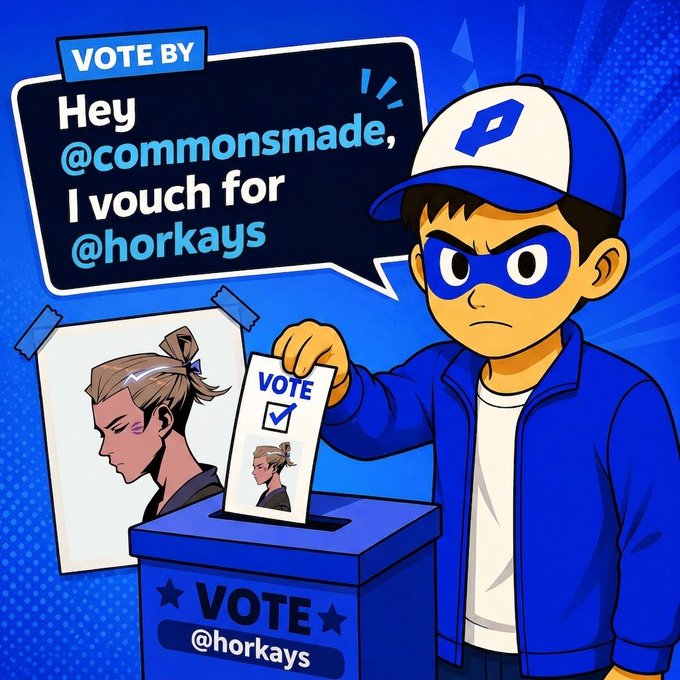 A cartoon character in a blue mask and cap labeled "P" casts a vote into a ballot box marked "VOTE @horkays," while a speech bubble reads "VOTE BY - Hey @commonsmade, I vouch for @horkays." The image visually reinforces the post's endorsement of @horkays as a trusted, community-focused member of the CT (Crypto Twitter) space.