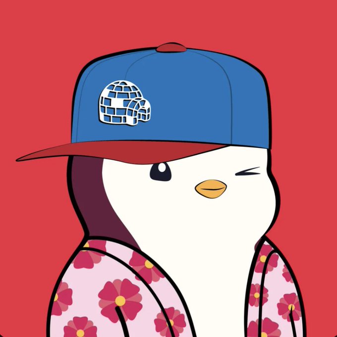 The image features a cartoon penguin wearing a blue baseball cap with a white polar bear logo, as well as a pink floral shirt. The penguin appears to be posing for the camera or making a funny face while standing against a red background. The caption provided in the image reads "If I'm gonna own PENGUINS I prefer to do it in eth." This phrase is likely a reference to the ethical treatment of animals, such as penguins and polar bears, which are often targeted by fur and clothing industries for their fur or skin.