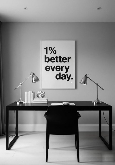 A black and white minimalist desk scene featuring a motivational poster reading "1% better every day." mounted above a desk with books, desk lamps, and a chair.
