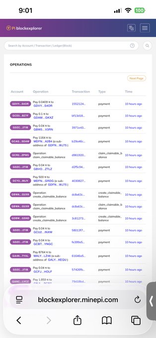 A mobile screenshot of blockexplorer.minepi.com shows a list of Pi Mainnet operations from various accounts (DDYV_8KDR, GCOX_8Z7P, GDXR_FHR) all timestamped "10 hours ago," with transactions including payments of amounts like 1552124..., 3971443..., and operations involving token codes like GBVR_VHRN, GDXM_GXKX, and MAXV_C246. The image directly supports the post's claim that the Pi blockchain has been down for 10 hours, as evidenced by all recent activity being stalled at the same timestamp.