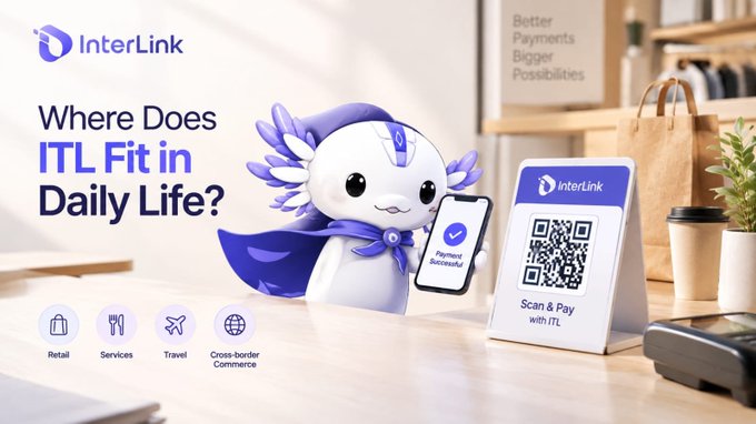 The image shows an InterLink promotional graphic featuring a white and purple mascot character in a cape alongside a smartphone displaying a payment confirmation and a QR code stand labeled "Scan & Pay with ITL." Bold text on the left reads "Where Does ITL Fit in Daily Life?" with category icons below for Retail, Services, Travel, and Cross-border Commerce. The scene is set in a bright café environment with a coffee cup and bag visible, reinforcing the post's theme of ITL's practical use as a QR payment method in everyday transactions.