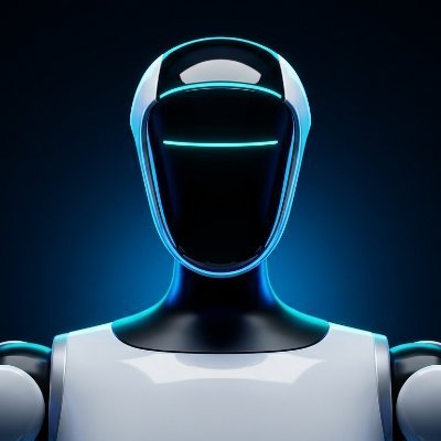 A futuristic humanoid robot with a sleek black helmet featuring a glowing cyan horizontal visor, set against a dark blue background.