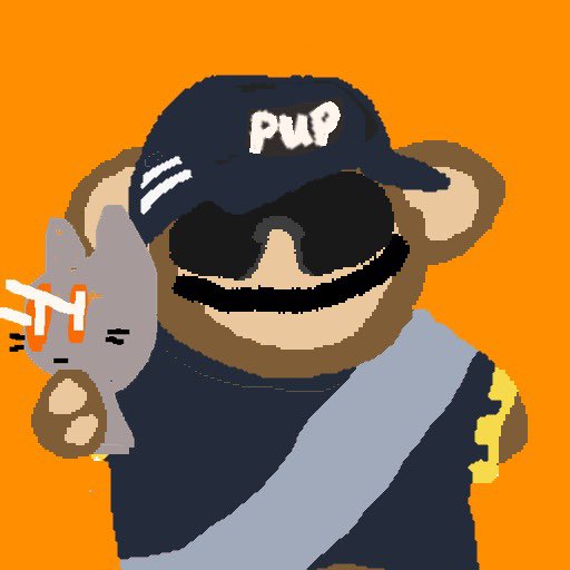 A cartoon illustration on an orange background featuring a bear character wearing a 'Pup' cap, sunglasses, and holding a small grey cat-like figure.