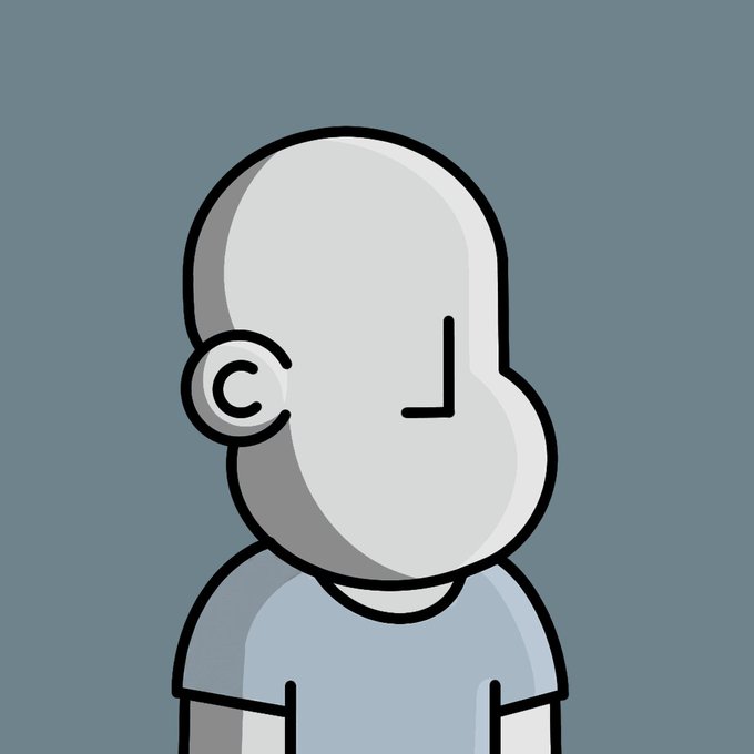 A minimalist cartoon illustration shows a featureless character with a prominent nose and ear on a plain blue-gray background.
