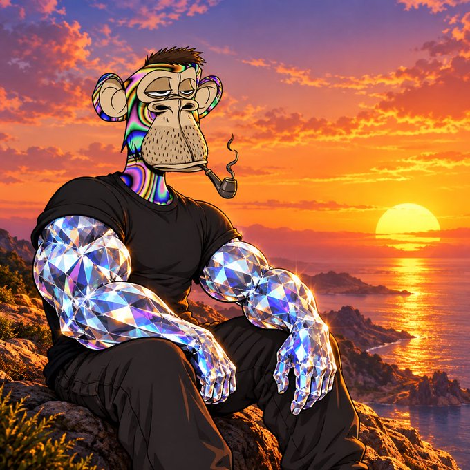 Digital artwork of a muscular Bored Ape-style NFT character with iridescent diamond-like arms smoking a pipe, sitting on a rocky cliff overlooking an ocean sunset.