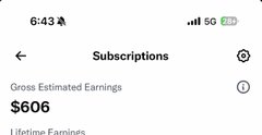 A smartphone screenshot displays a Subscriptions page showing "Gross Estimated Earnings" of $606 and "Lifetime Earnings," which the post uses to caution that despite apparent earnings, creators should set aside money for when Elon Musk (likely referencing Twitter/X) imposes charges.