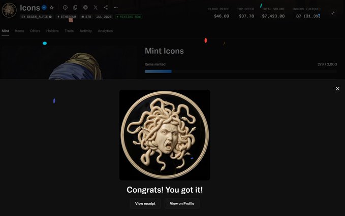 A screenshot of an NFT minting interface displays a 3D rendered Medusa icon with the message 'Congrats! You got it!' and 'View receipt' / 'View on Profile' buttons, with market stats showing floor price $46.09.