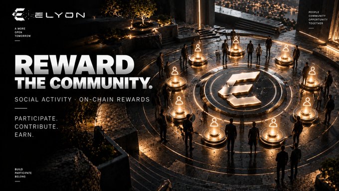 A promotional banner for 'ELYON' with the text 'REWARD THE COMMUNITY,' highlighting 'SOCIAL ACTIVITY · ON-CHAIN REWARDS' and 'PARTICIPATE. CONTRIBUTE. EARN,' featuring silhouettes of people around glowing pedestals.