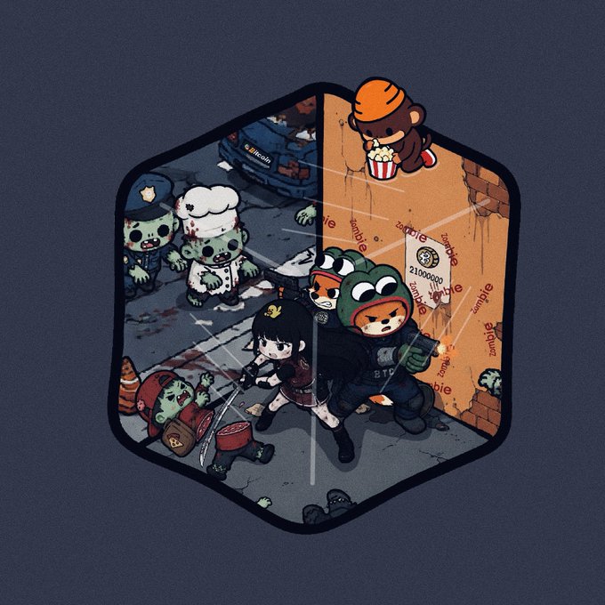 A hexagonal scene depicts a Bitcoin-themed comic illustration where cute characters, including one in BTC body armor and a duck in a firefighter helmet, battle green zombie figures in a post-apocalyptic setting, with "Bitcoin," "BTC," and "$21000000" visible on a bulletin board. The artwork stylistically merges crypto culture with a zombie survival aesthetic, reflecting the post's focus on BTC and NAT.
