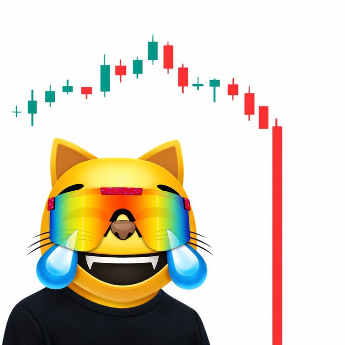 A crying-laughing cat emoji wearing rainbow sunglasses above a candlestick chart showing a price peak followed by a steep red downward trend.