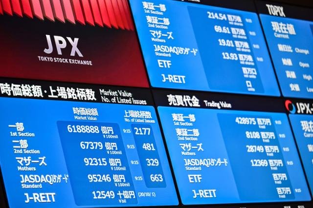 The Tokyo Stock Exchange (JPX) electronic display board showing market data with Japanese characters, displaying market values and trading volumes across multiple blue panels.