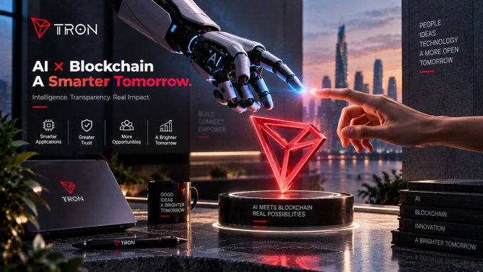 A promotional graphic for 'TRON' featuring the tagline 'AI x Blockchain A Smarter Tomorrow' alongside images of a robotic hand, a human hand reaching toward each other, a red triangular logo, and branded merchandise including a laptop and mug.