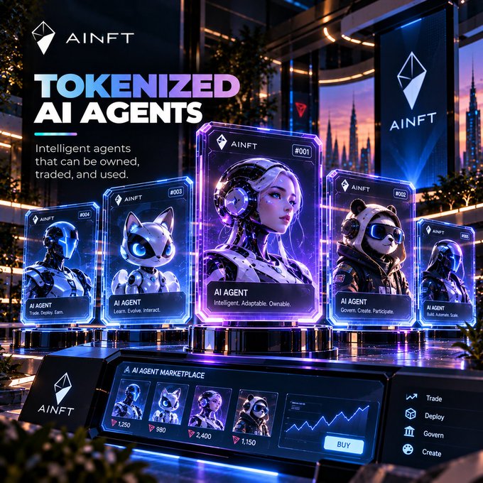 A promotional graphic for 'AINFT - TOKENIZED AI AGENTS' stating 'Intelligent agents that can be owned, traded, and used.', displaying holographic cards featuring different AI characters with numbers like '1,250', '980', and '2,400' above an 'AI AGENT MARKETPLACE' interface.