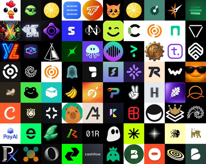 The image features a grid filled with various logos and icons representing different companies or organizations. The logos are arranged in rows and columns against a black background, creating an organized and visually appealing layout. Some of the logos include "solana", "colosseum", "piggy bank", "bear", "bank", "bitcoin", "cash flow", and others. The image also contains text that reads: "I've been doing a series of reviews, research, and testing projects vying for the @solana Frontier Hackathon for @colosseum What I love most about this is the variety of projects, getting to know the founders and builders better, learning new".