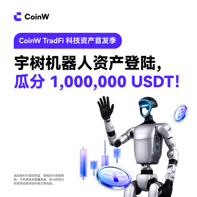 An advertisement for 'CoinW TradFi' features a humanoid robot next to floating cryptocurrency coins, promoting '字树机器人资产登陆，瓜分 1,000,000 USDT!' with the CoinW logo at the top.