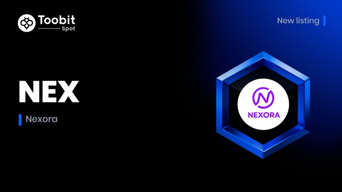 A promotional graphic announcing a new listing of the 'NEX' token (Nexora) on the Toobit Spot exchange.