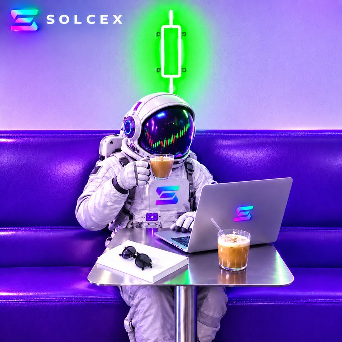 A digital illustration of an astronaut wearing a SOLCEX-branded suit, sitting at a café table with a laptop, holding a coffee cup, with neon green and purple lighting.