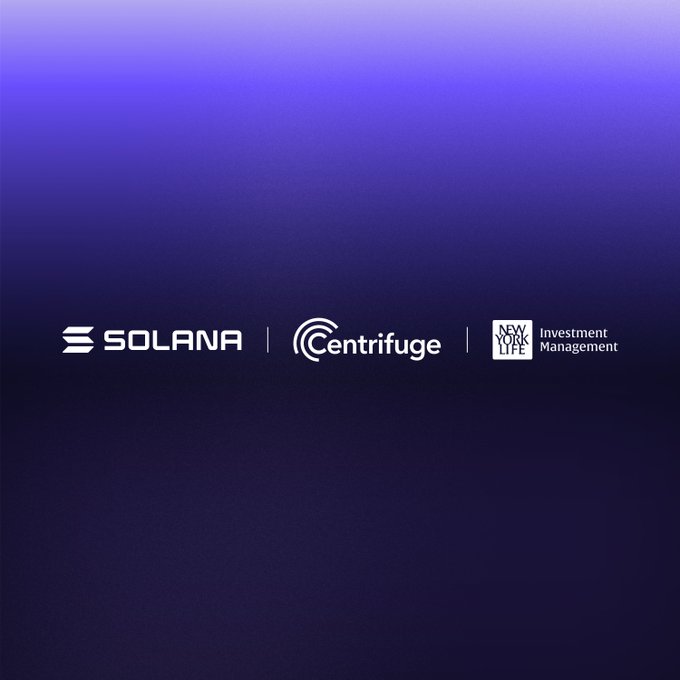 The image features a dark purple gradient background displaying three logos side by side: "SOLANA," "Centrifuge," and "NYLIFE Investment Management," representing the partnership announced in the post about Centrifuge launching the $HYB token on Solana, with the high-yield corporate bond strategy managed by New York Life Investment Management.
