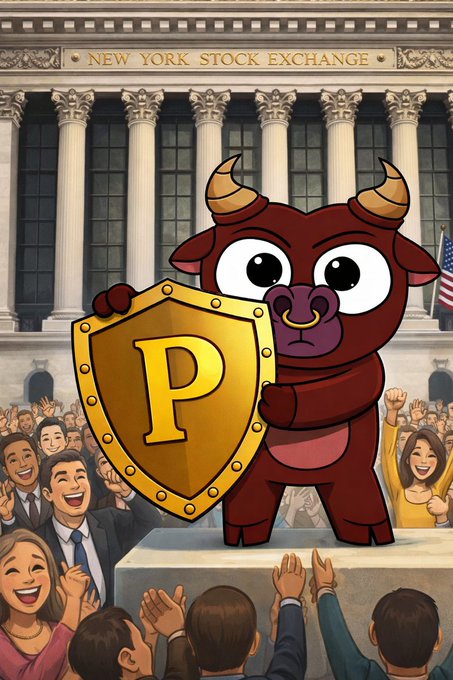 Cartoon illustration of a red bull mascot holding a golden shield with the letter 'P' in front of the New York Stock Exchange, surrounded by a cheering crowd.
