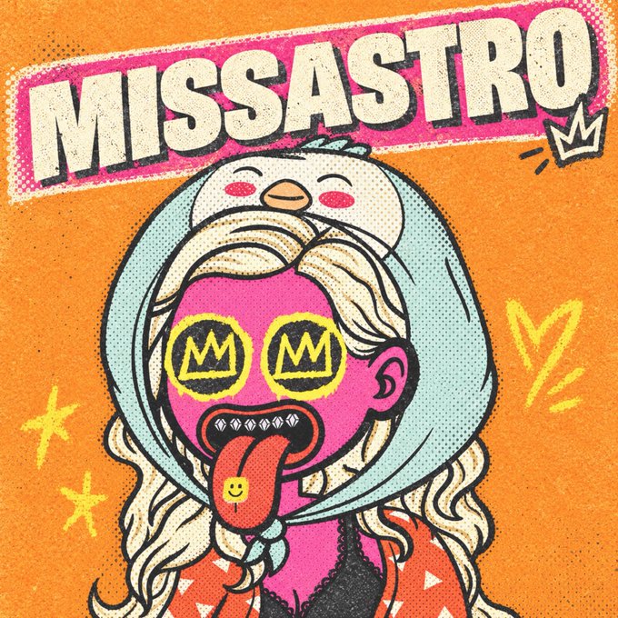 Vibrant pop-art style illustration with 'MISSASTRO' branding, featuring a stylized female character with pink skin, blonde hair, a chicken hat, MM-logo sunglasses, and a tongue out.