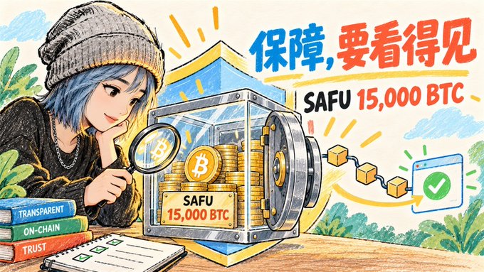 An illustration of a blue-haired character examining a vault of Bitcoin labeled 'SAFU 15,000 BTC', with Chinese text '保障, 要看得见' and books labeled 'TRANSPARENT', 'ON-CHAIN', 'TRUST'.