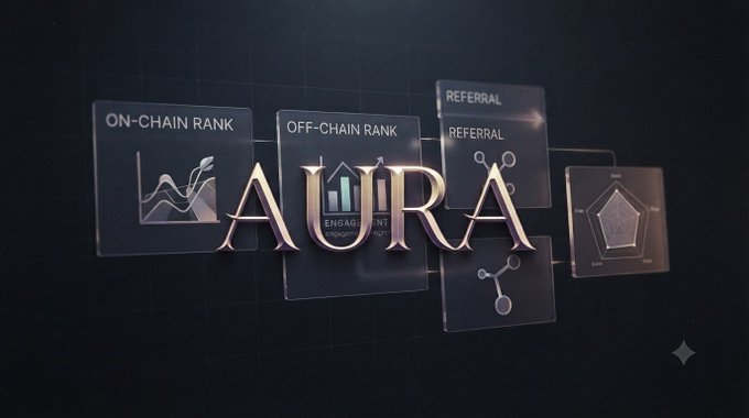 A 3D graphic displays the word "AURA" surrounded by floating cards labeled "ON-CHAIN RANK," "OFF-CHAIN RANK," and "REFERRAL," along with engagement icons.