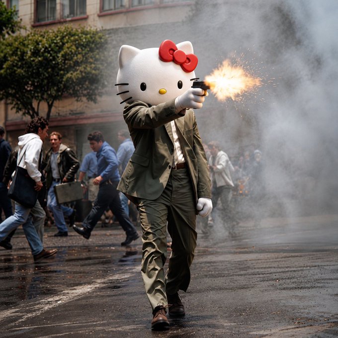 A surreal image of a Hello Kitty figure in a green suit firing a handgun in a chaotic street scene with people running in the background.