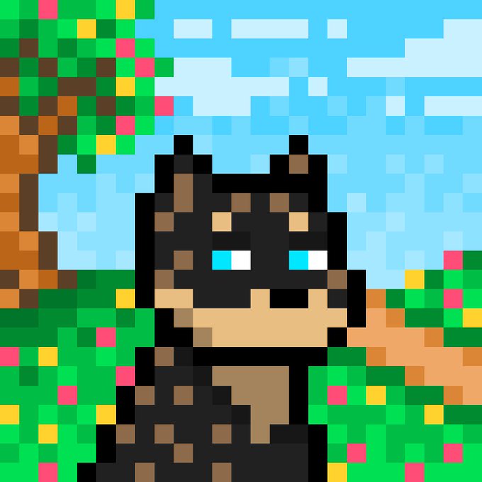 A close-up pixel art portrait depicts a character with black hair and bright blue eyes, set against a blocky background of sky, trees, and foliage.