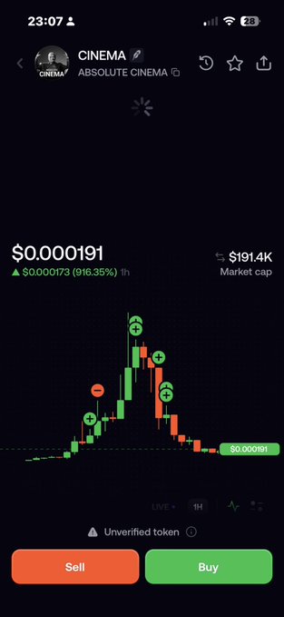 A mobile screenshot of a crypto trading app showing the 'CINEMA' token (ABSOLUTE CINEMA) priced at $0.000191 with a 916.35% gain and $191.4K market cap.