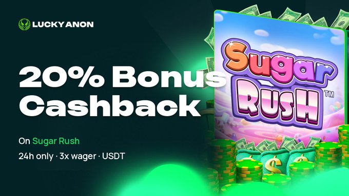 The promotional image from Lucky Anon advertises "20% Bonus Cashback on Sugar Rush," valid for 24 hours only with a 3x wager requirement credited in USDT, featuring the colorful Sugar Rush slot game logo surrounded by cash and coin stacks. The graphic visually reinforces the post's offer by prominently displaying the bonus percentage and game title alongside imagery of money to emphasize the cashback reward.