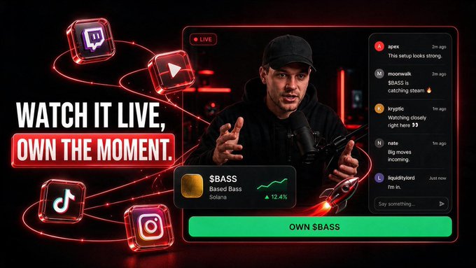 A live stream interface shows a host discussing the $BASS token (Solana, +12.4%), with a live chat on the right displaying user reactions like "setup looks strong," "BASS is catching steam," and "Watching closely right here" alongside an "OWN $BASS" purchase button, illustrating how social trading integrates directly into streaming content.