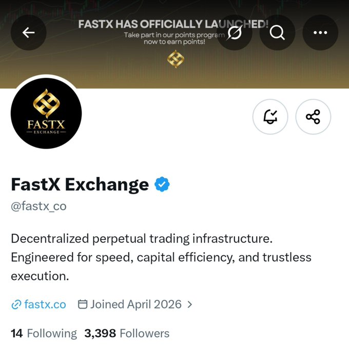 The image is a screenshot of FastX Exchange's (@fastx_co) verified Twitter/X profile, announcing "FASTX HAS OFFICIALLY LAUNCHED!" as a decentralized perpetual trading infrastructure project with 3,398 followers, joined April 2026. It relates to the accompanying post by highlighting the FastX Exchange account promoting their points program, though the post's mention of a "free mint NFT collection" appears unrelated to the actual trading platform shown in the profile.