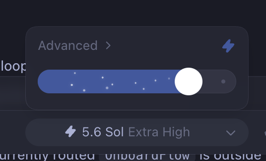 The image shows a settings panel displaying an "Advanced" toggle that's switched on, along with a "5.6 Sol Extra High" option. The post about testing how long tokens last relates to the "Extra High" usage setting visible in the interface, suggesting the user is configuring high-performance settings to test token consumption rates.