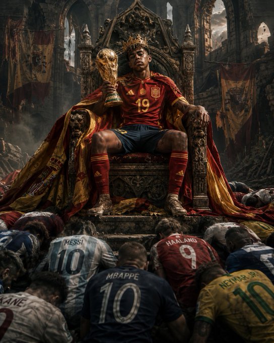 A dramatic digital artwork of a soccer player wearing a red Spain jersey with number 19 and a crown, sitting on a throne holding the World Cup trophy, with kneeling players wearing jerseys labeled 'MESSI 10', 'HAALAND 9', 'MBAPPE 10', 'NEYMAR JR 10', and 'KANE' at his feet.