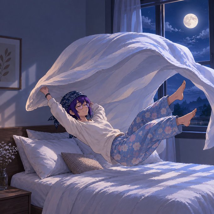 An anime illustration of a girl with purple hair and glasses joyfully jumping on a bed and flipping a white sheet, with a full moon visible through the window.