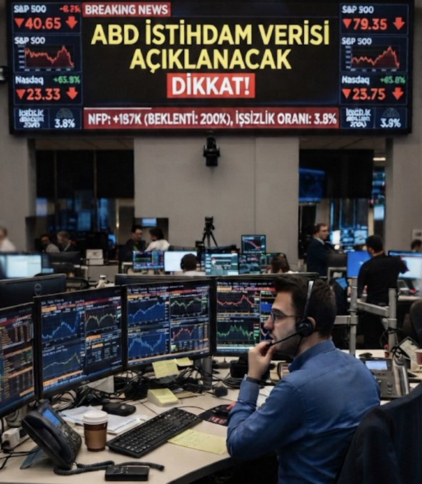 Trading floor scene with a trader at multiple monitors displaying charts; overhead screens show breaking news in Turkish about US employment data ('ABD İSTİHDAM VERİSİ AÇIKLANACAK') and S&P/Nasdaq figures.