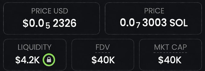 This image displays cryptocurrency metrics for a token with a market cap and FDV of $40K, fitting the post's description of finding another memecoin at this valuation.