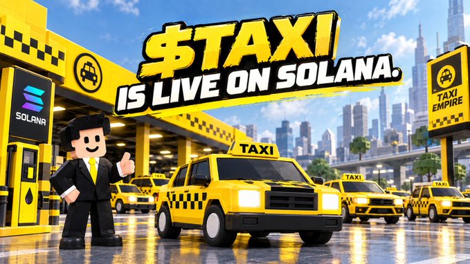 A promotional graphic stating '$TAXI IS LIVE ON SOLANA' featuring a yellow taxi, a Solana gas station, and a cartoon character in a suit giving a thumbs up.