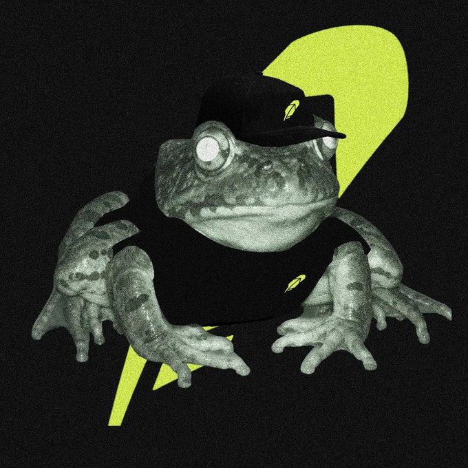 A desaturated frog wearing a black cap and shirt with a small logo sits in front of a bright yellow lightning bolt, matching the "Pre-rich mode" energy of the $FRONG post as a hype-style mascot hinting at an upcoming OpenSea launch.