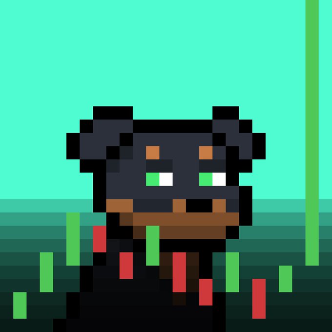 Pixel art illustration of a dark bear character with green eyes standing in a green landscape.