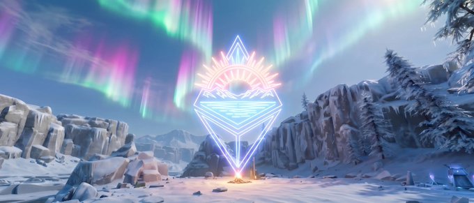 A digital landscape featuring a snowy mountainous scene with pine trees and ice formations, illuminated by colorful aurora borealis in the sky, centered around a glowing neon geometric symbol.